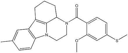 (2-methoxy-4-(methylthio)phenyl)(8-methyl-3a,4,5,6-tetrahydro-1H-pyrazino[3,2,1-jk]carbazol-3(2H)-yl)methanone Struktur