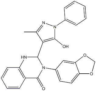 3-(benzo[d][1,3]dioxol-5-yl)-2-(5-hydroxy-3-methyl-1-phenyl-1H-pyrazol-4-yl)-2,3-dihydroquinazolin-4(1H)-one Struktur