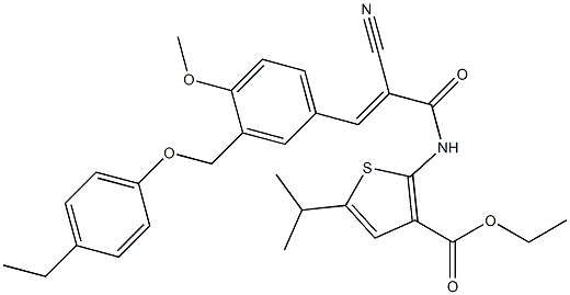 (E)-ethyl 2-(2-cyano-3-(3-((4-ethylphenoxy)methyl)-4-methoxyphenyl)acrylamido)-5-isopropylthiophene-3-carboxylate Struktur