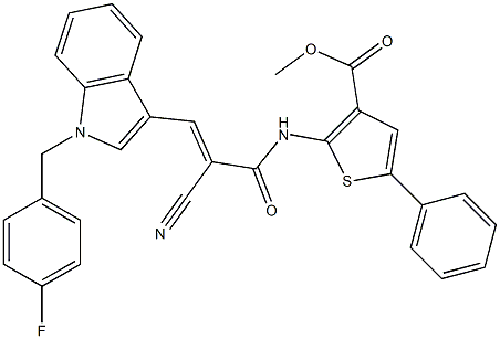 (E)-methyl 2-(2-cyano-3-(1-(4-fluorobenzyl)-1H-indol-3-yl)acrylamido)-5-phenylthiophene-3-carboxylate Struktur