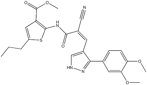 (Z)-methyl 2-(2-cyano-3-(3-(3,4-dimethoxyphenyl)-1H-pyrazol-4-yl)acrylamido)-5-propylthiophene-3-carboxylate Struktur