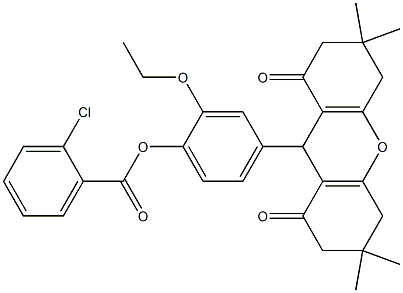 2-ethoxy-4-(3,3,6,6-tetramethyl-1,8-dioxo-2,3,4,5,6,7,8,9-octahydro-1H-xanthen-9-yl)phenyl 2-chlorobenzoate Struktur