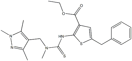 ethyl 5-benzyl-2-(3-methyl-3-((1,3,5-trimethyl-1H-pyrazol-4-yl)methyl)thioureido)thiophene-3-carboxylate Structure