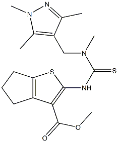 methyl 2-(3-methyl-3-((1,3,5-trimethyl-1H-pyrazol-4-yl)methyl)thioureido)-5,6-dihydro-4H-cyclopenta[b]thiophene-3-carboxylate Struktur