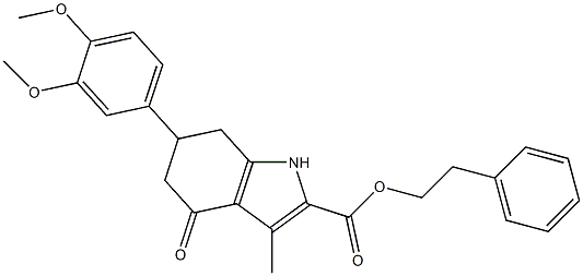 phenethyl 6-(3,4-dimethoxyphenyl)-3-methyl-4-oxo-4,5,6,7-tetrahydro-1H-indole-2-carboxylate Struktur