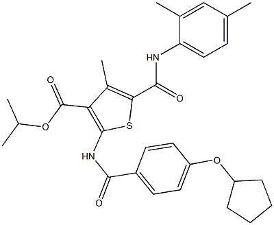 isopropyl 2-(4-(cyclopentyloxy)benzamido)-5-((2,4-dimethylphenyl)carbamoyl)-4-methylthiophene-3-carboxylate Struktur