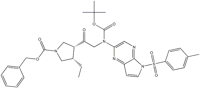 cis-benzyl 3-(2-(tert-butoxycarbonyl(5-tosyl-5H-pyrrolo[2,3-b]pyrazin-2-yl)amino)acetyl)-4-ethylpyrrolidine-1-carboxylate Struktur