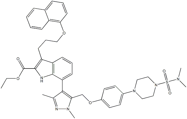 ethyl 7-(5-((4-(4-(N,N-dimethylsulfamoyl)piperazin-1-yl)phenoxy)methyl)-1,3-dimethyl-1H-pyrazol-4-yl)-3-(3-(naphthalen-1-yloxy)propyl)-1H-indole-2-carboxylate Struktur