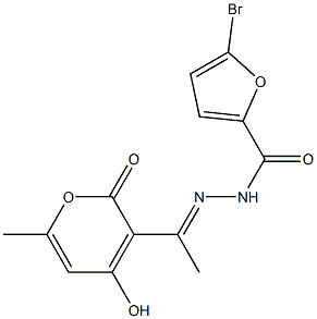 (E)-5-bromo-N'-(1-(4-hydroxy-6-methyl-2-oxo-2H-pyran-3-yl)ethylidene)furan-2-carbohydrazide Struktur