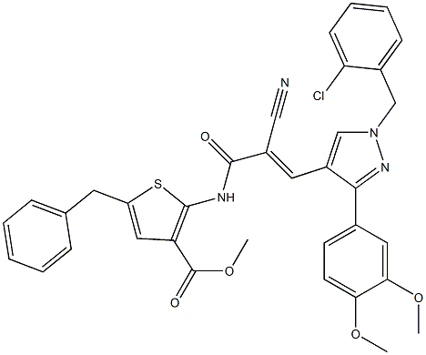 (E)-methyl 5-benzyl-2-(3-(1-(2-chlorobenzyl)-3-(3,4-dimethoxyphenyl)-1H-pyrazol-4-yl)-2-cyanoacrylamido)thiophene-3-carboxylate Struktur