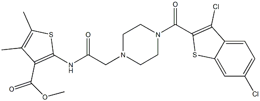 methyl 2-(2-(4-(3,6-dichlorobenzo[b]thiophene-2-carbonyl)piperazin-1-yl)acetamido)-4,5-dimethylthiophene-3-carboxylate Struktur