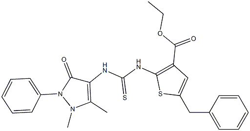 ethyl 5-benzyl-2-(3-(1,5-dimethyl-3-oxo-2-phenyl-2,3-dihydro-1H-pyrazol-4-yl)thioureido)thiophene-3-carboxylate Struktur