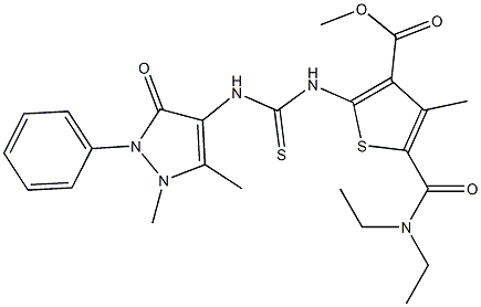 methyl 5-(diethylcarbamoyl)-2-(3-(1,5-dimethyl-3-oxo-2-phenyl-2,3-dihydro-1H-pyrazol-4-yl)thioureido)-4-methylthiophene-3-carboxylate Struktur