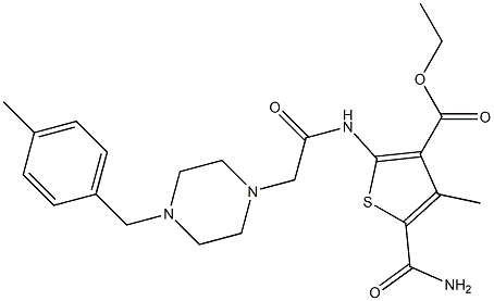 ethyl 5-carbamoyl-4-methyl-2-(2-(4-(4-methylbenzyl)piperazin-1-yl)acetamido)thiophene-3-carboxylate Struktur