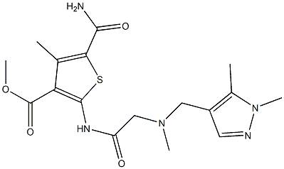 methyl 5-carbamoyl-2-(2-(((1,5-dimethyl-1H-pyrazol-4-yl)methyl)(methyl)amino)acetamido)-4-methylthiophene-3-carboxylate Struktur