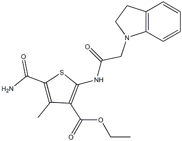 ethyl 5-carbamoyl-2-(2-(indolin-1-yl)acetamido)-4-methylthiophene-3-carboxylate Struktur