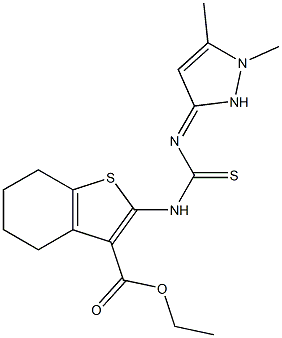 ethyl 2-(3-(1,5-dimethyl-1H-pyrazol-3(2H)-ylidene)thioureido)-4,5,6,7-tetrahydrobenzo[b]thiophene-3-carboxylate Struktur