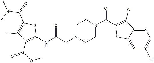 methyl 2-(2-(4-(3,6-dichlorobenzo[b]thiophene-2-carbonyl)piperazin-1-yl)acetamido)-5-(dimethylcarbamoyl)-4-methylthiophene-3-carboxylate Struktur