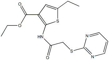 ethyl 5-ethyl-2-(2-(pyrimidin-2-ylthio)acetamido)thiophene-3-carboxylate Struktur