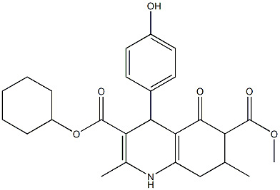 3-cyclohexyl 6-methyl 4-(4-hydroxyphenyl)-2,7-dimethyl-5-oxo-1,4,5,6,7,8-hexahydroquinoline-3,6-dicarboxylate Struktur