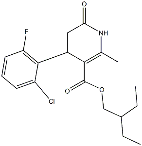 2-ethylbutyl 4-(2-chloro-6-fluorophenyl)-2-methyl-6-oxo-1,4,5,6-tetrahydropyridine-3-carboxylate Struktur