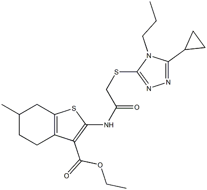 ethyl 2-(2-((5-cyclopropyl-4-propyl-4H-1,2,4-triazol-3-yl)thio)acetamido)-6-methyl-4,5,6,7-tetrahydrobenzo[b]thiophene-3-carboxylate Struktur