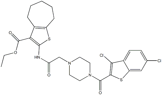 ethyl 2-(2-(4-(3,6-dichlorobenzo[b]thiophene-2-carbonyl)piperazin-1-yl)acetamido)-5,6,7,8-tetrahydro-4H-cyclohepta[b]thiophene-3-carboxylate Struktur