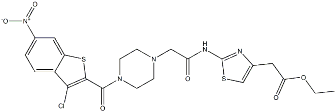 ethyl 2-(2-(2-(4-(3-chloro-6-nitrobenzo[b]thiophene-2-carbonyl)piperazin-1-yl)acetamido)thiazol-4-yl)acetate Struktur