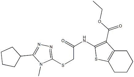 ethyl 2-(2-((5-cyclopentyl-4-methyl-4H-1,2,4-triazol-3-yl)thio)acetamido)-4,5,6,7-tetrahydrobenzo[b]thiophene-3-carboxylate Struktur