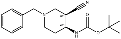 Cis-(1-Benzyl-3-cyano-piperidin-4-yl)-carbamic acid tert-butyl ester Struktur