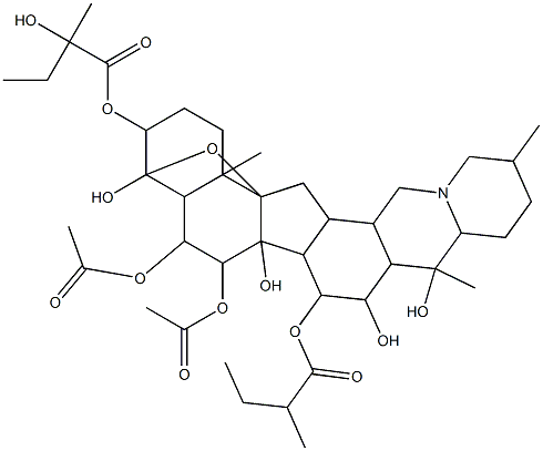 5,6-bis(acetyloxy)-4,6a,8,9-tetrahydroxy-9,12,16b-trimethyl-7-[(2-methylbutanoyl)oxy]docosahydro-2H-4,16a-epoxybenzo[4,5]indeno[1,2-h]pyrido[1,2-b]isoquinolin-3-yl 2-hydroxy-2-methylbutanoate Struktur