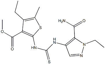 methyl 2-(3-(5-carbamoyl-1-ethyl-1H-pyrazol-4-yl)thioureido)-4-ethyl-5-methylthiophene-3-carboxylate Struktur