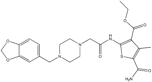 ethyl 2-(2-(4-(benzo[d][1,3]dioxol-5-ylmethyl)piperazin-1-yl)acetamido)-5-carbamoyl-4-methylthiophene-3-carboxylate Struktur