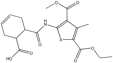 6-((5-(ethoxycarbonyl)-3-(methoxycarbonyl)-4-methylthiophen-2-yl)carbamoyl)cyclohex-3-enecarboxylic acid Struktur