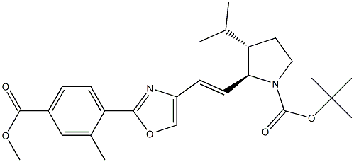 (2S,3S)-tert-butyl 3-isopropyl-2-((E)-2-(2-(4-(methoxycarbonyl)-2-methylphenyl)oxazol-4-yl)vinyl)pyrrolidine-1-carboxylate Struktur