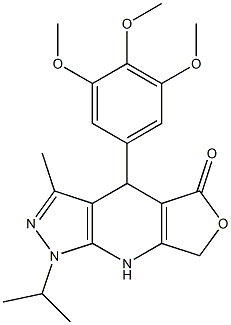 1-isopropyl-3-methyl-4-(3,4,5-trimethoxyphenyl)-7,8-dihydro-1H-furo[3,4-b]pyrazolo[4,3-e]pyridin-5(4H)-one Struktur