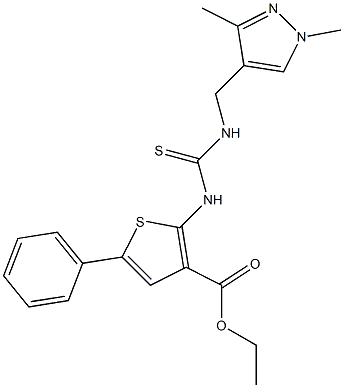 ethyl 2-(3-((1,3-dimethyl-1H-pyrazol-4-yl)methyl)thioureido)-5-phenylthiophene-3-carboxylate Struktur