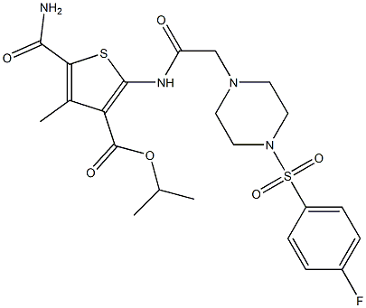 isopropyl 5-carbamoyl-2-(2-(4-((4-fluorophenyl)sulfonyl)piperazin-1-yl)acetamido)-4-methylthiophene-3-carboxylate Struktur