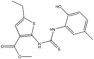 methyl 5-ethyl-2-(3-(2-hydroxy-5-methylphenyl)thioureido)thiophene-3-carboxylate Struktur