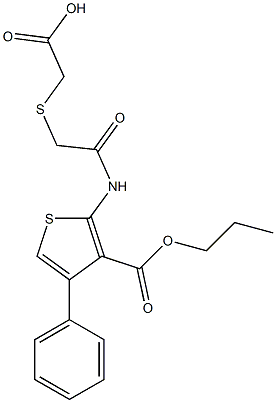 2-((2-oxo-2-((4-phenyl-3-(propoxycarbonyl)thiophen-2-yl)amino)ethyl)thio)acetic acid Struktur