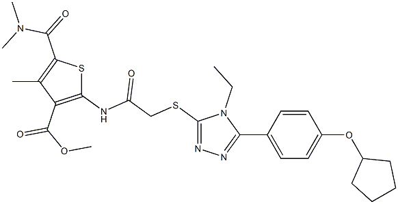 methyl 2-(2-((5-(4-(cyclopentyloxy)phenyl)-4-ethyl-4H-1,2,4-triazol-3-yl)thio)acetamido)-5-(dimethylcarbamoyl)-4-methylthiophene-3-carboxylate Struktur