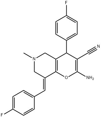 2-amino-8-(4-fluorobenzylidene)-4-(4-fluorophenyl)-6-methyl-5,6,7,8-tetrahydro-4H-pyrano[3,2-c]pyridine-3-carbonitrile Struktur