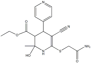 ethyl 6-[(2-amino-2-oxoethyl)sulfanyl]-5-cyano-2-hydroxy-2-methyl-1,2,3,4-tetrahydro-4,4'-bipyridine-3-carboxylate Struktur