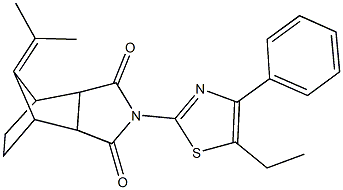 4-(5-ethyl-4-phenyl-1,3-thiazol-2-yl)-10-(1-methylethylidene)-4-azatricyclo[5.2.1.0~2,6~]decane-3,5-dione Struktur