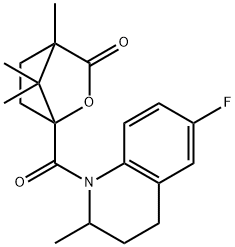 1-[(6-fluoro-2-methyl-3,4-dihydro-1(2H)-quinolinyl)carbonyl]-4,7,7-trimethyl-2-oxabicyclo[2.2.1]heptan-3-one Struktur