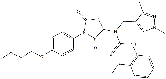 N-[1-(4-butoxyphenyl)-2,5-dioxo-3-pyrrolidinyl]-N-[(1,3-dimethyl-1H-pyrazol-4-yl)methyl]-N'-(2-methoxyphenyl)thiourea Struktur