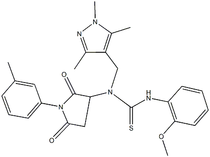 N'-(2-methoxyphenyl)-N-[1-(3-methylphenyl)-2,5-dioxo-3-pyrrolidinyl]-N-[(1,3,5-trimethyl-1H-pyrazol-4-yl)methyl]thiourea Struktur