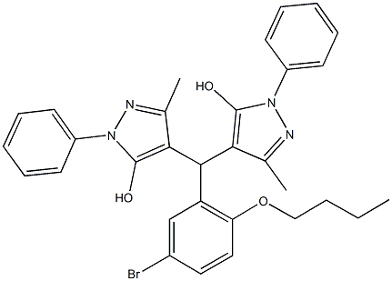 4-[(5-bromo-2-butoxyphenyl)(5-hydroxy-3-methyl-1-phenyl-1H-pyrazol-4-yl)methyl]-3-methyl-1-phenyl-1H-pyrazol-5-ol Struktur