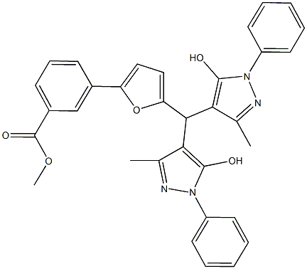 methyl 3-{5-[bis(5-hydroxy-3-methyl-1-phenyl-1H-pyrazol-4-yl)methyl]-2-furyl}benzoate Struktur