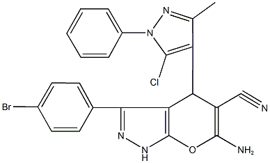 6-amino-3-(4-bromophenyl)-4-(5-chloro-3-methyl-1-phenyl-1H-pyrazol-4-yl)-1,4-dihydropyrano[2,3-c]pyrazole-5-carbonitrile Struktur